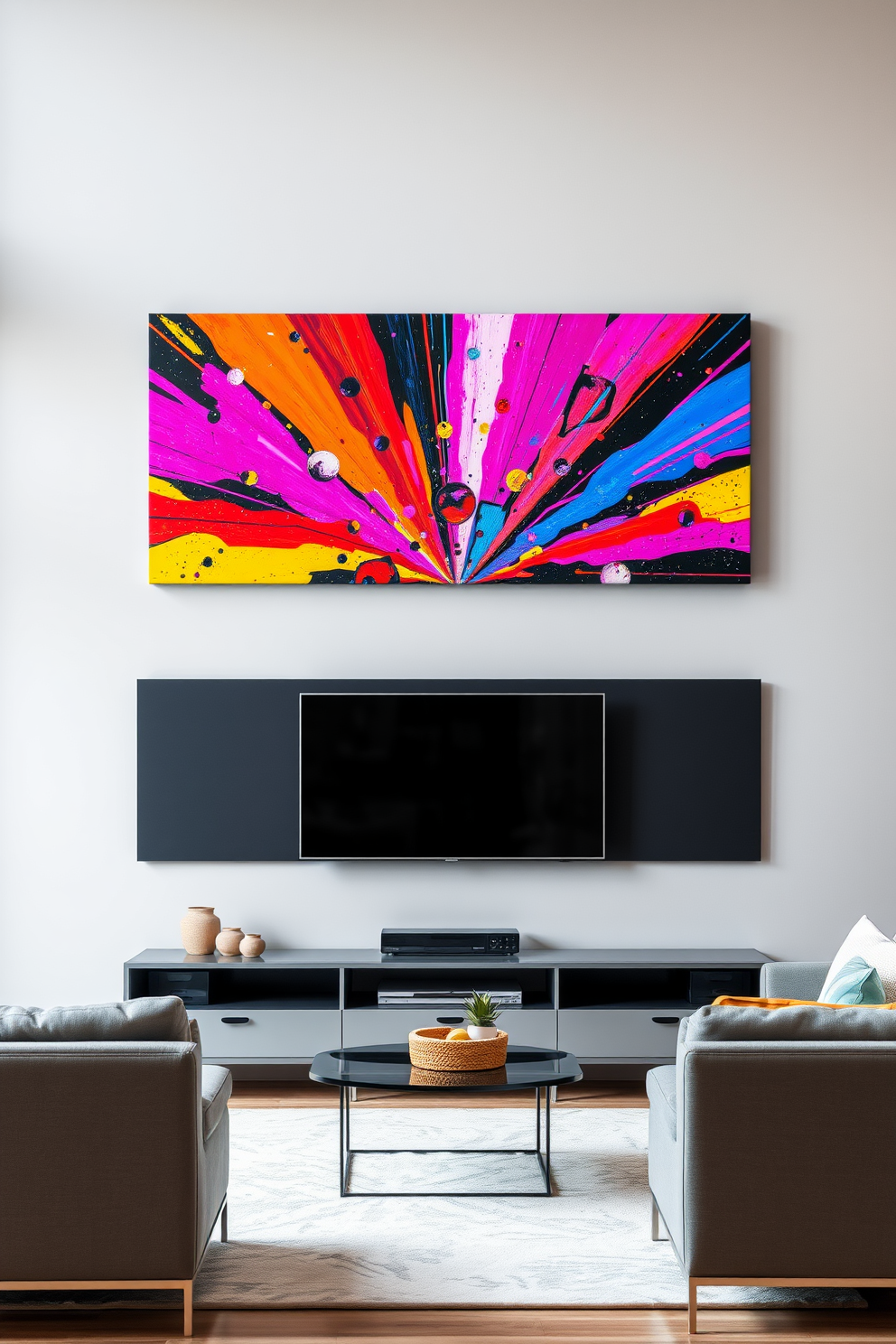 Artistic mural as a backdrop for a stylish living room. The mural features vibrant colors and abstract shapes that create a focal point on the wall behind a sleek modern TV unit.