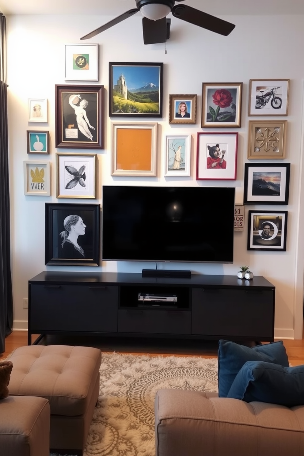 A stylish gallery wall surrounds a modern flat-screen TV in a cozy living room. The wall is adorned with an eclectic mix of framed art pieces in various sizes, creating a vibrant focal point. The TV is mounted above a sleek console table that complements the overall decor. Soft lighting highlights the artwork while a plush area rug anchors the seating arrangement below.