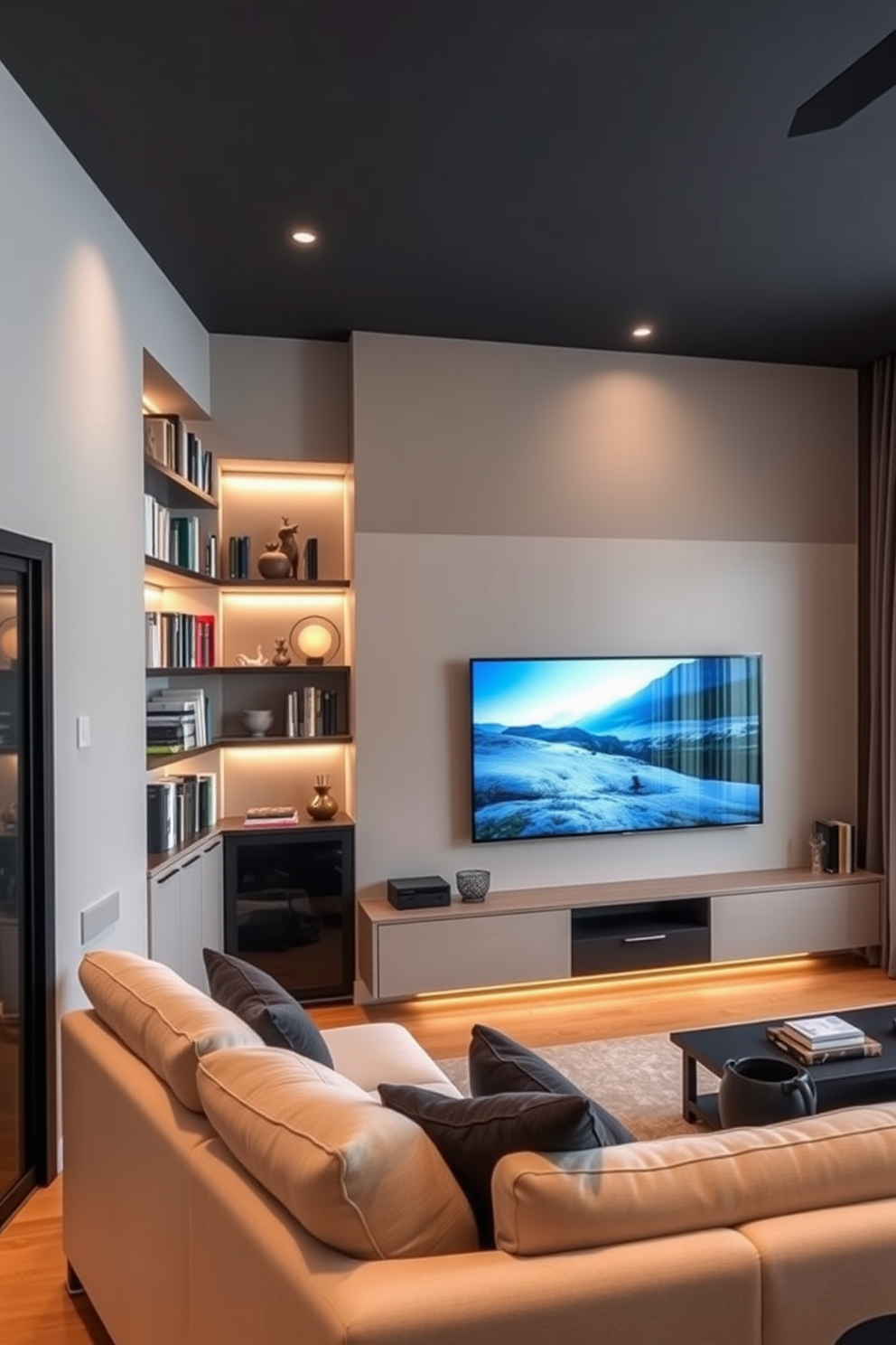 Stylish storage baskets neatly arranged on open shelves create a functional yet decorative element in the living room. The wall behind the TV features a sleek, modern design with a mounted flat-screen TV and a combination of textured wallpaper and painted accents.