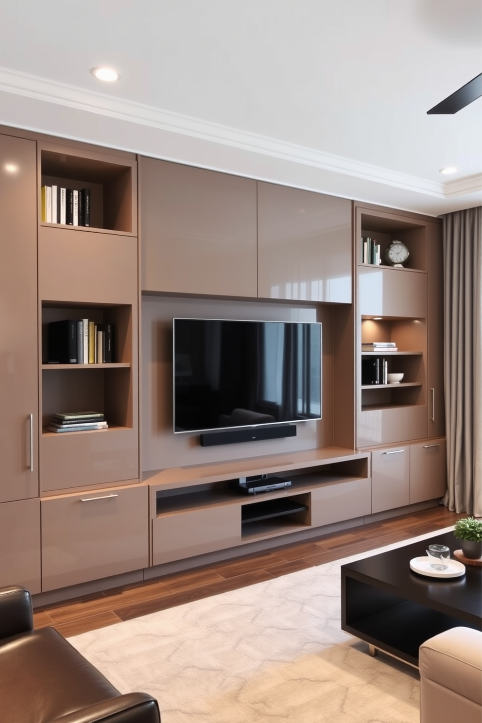 A modern living room featuring a wall-mounted TV above a sleek minimalist stand. The walls are painted in a soft gray, and a plush area rug anchors the seating arrangement.