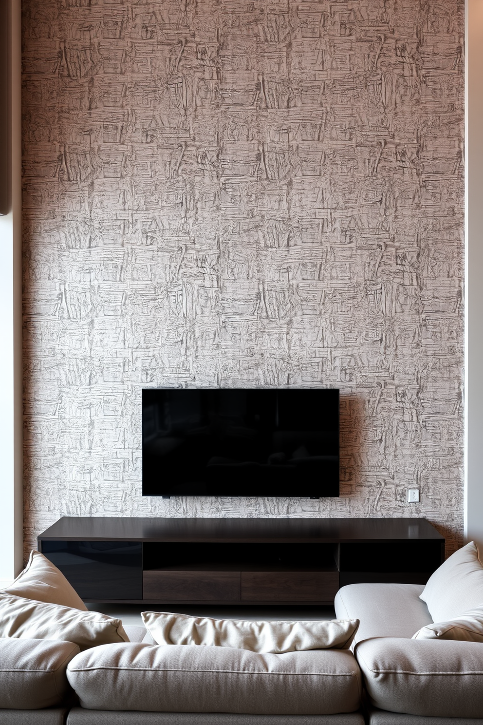 A stylish living room featuring textured wallpaper behind the TV creates a focal point in the space. The TV is mounted on a sleek wall unit that complements the wallpaper, enhancing the room's overall aesthetic.