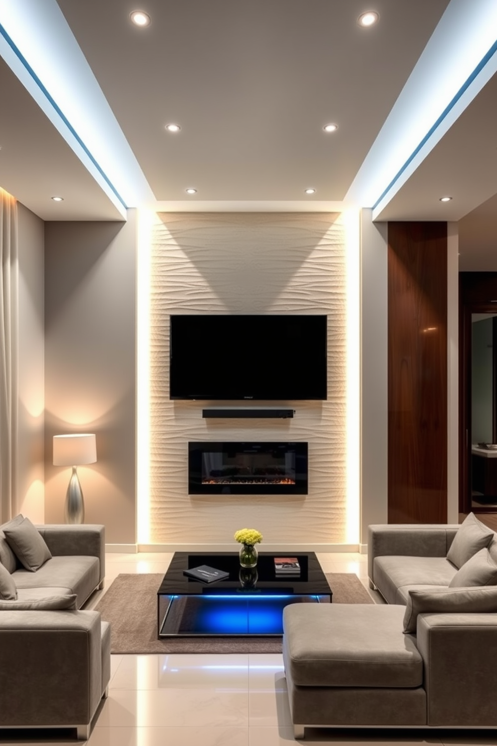 A sleek wall-mounted TV is the focal point of this modern living room, surrounded by ambient LED lights that create a warm and inviting atmosphere. The wall features a textured finish, complementing the contemporary furniture arranged for optimal viewing and comfort.