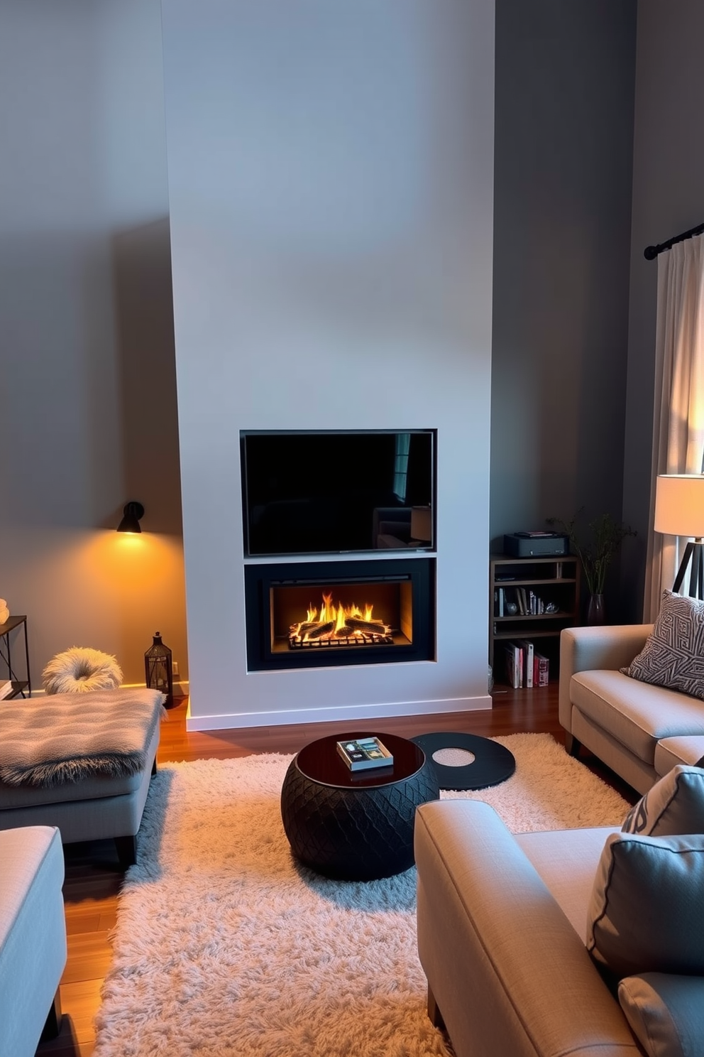 A cozy living room featuring dark wood paneling that adds warmth and richness to the space. The focal point is a sleek TV wall designed with built-in shelves for display and storage, complemented by soft lighting to create an inviting atmosphere.