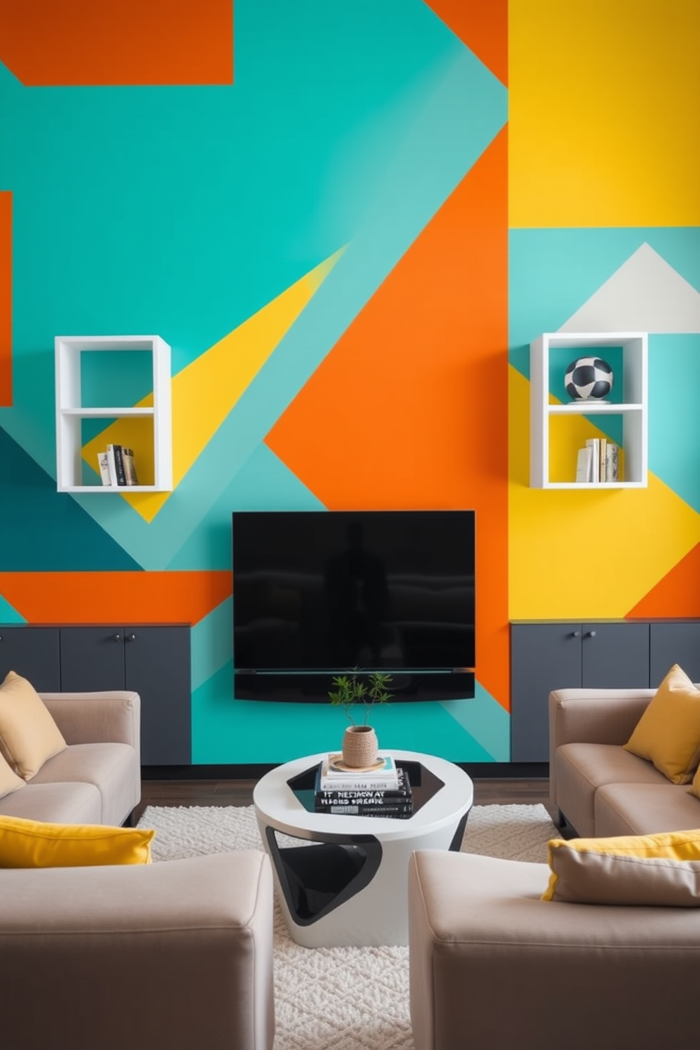 A vibrant accent wall in a living room features bold geometric patterns in shades of teal, orange, and yellow. The wall serves as a stunning backdrop for a sleek, modern TV mounted at eye level, complemented by minimalist shelving on either side. The furniture arrangement includes a plush sectional sofa in neutral tones, creating a cozy seating area that invites relaxation. A stylish coffee table with a unique design sits in the center, adorned with decorative books and a small indoor plant.