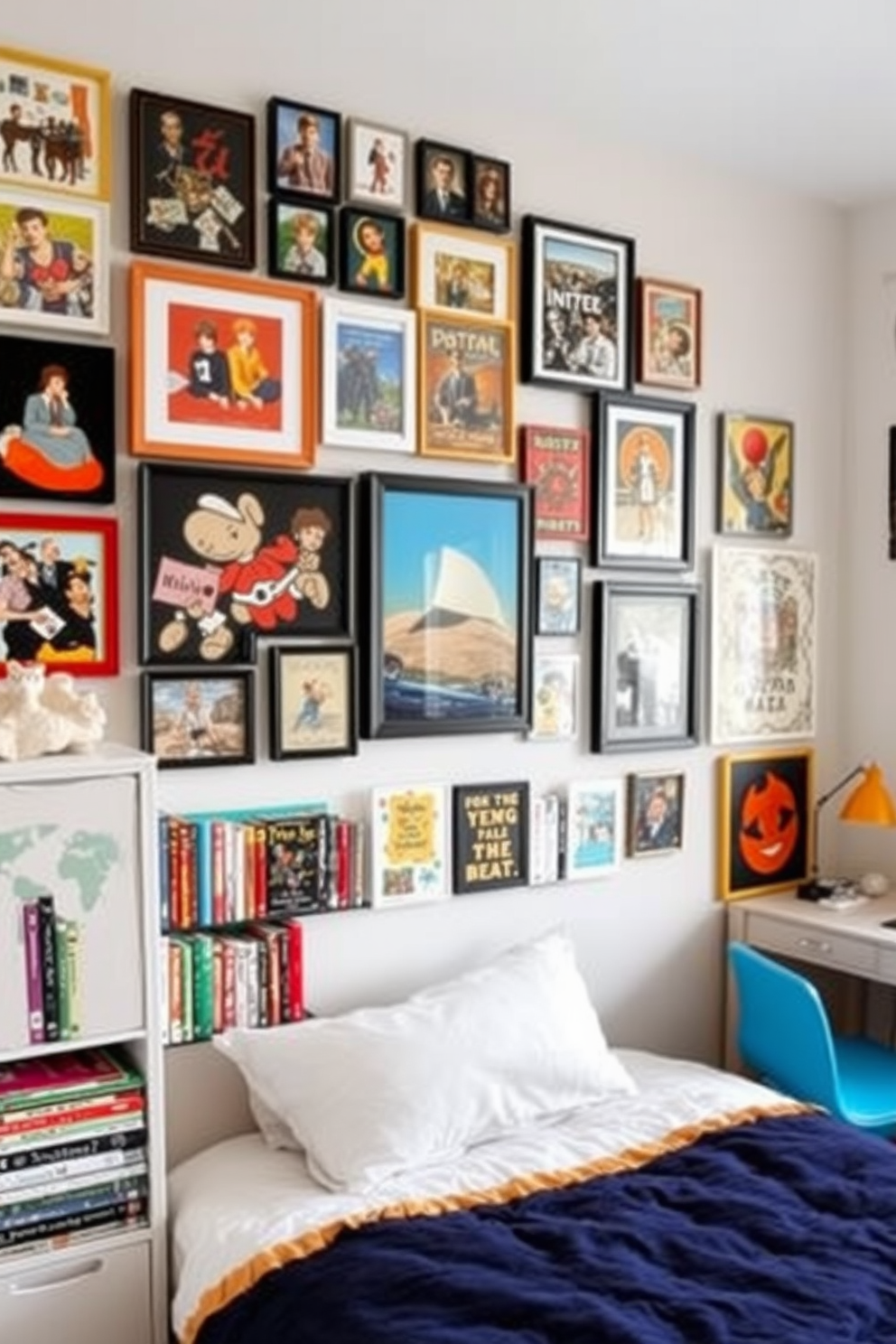 An eclectic wall art gallery display featuring a mix of framed photographs, abstract paintings, and vintage posters. The arrangement is colorful and varied, creating a vibrant focal point on the wall above a stylish bed. Teen bedroom design ideas that incorporate a cozy reading nook with a bean bag chair and a bookshelf filled with favorite novels. The room is accented with playful bedding, a desk for studying, and bright, cheerful decor that reflects the teen's personality.