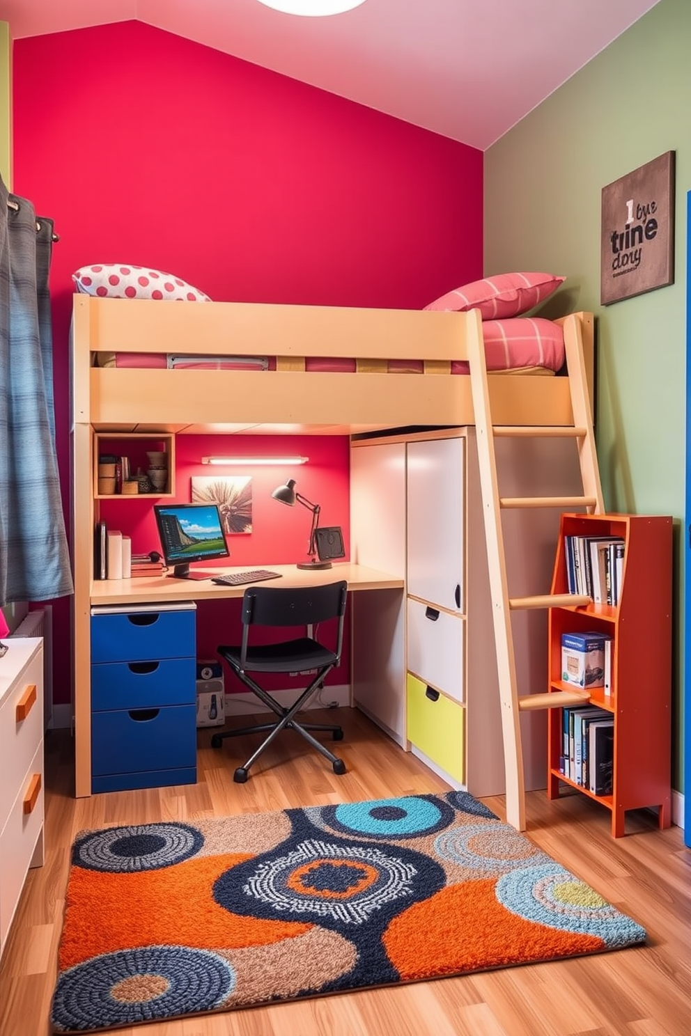 A cozy teen bedroom featuring multi-functional furniture designed for small spaces. The room includes a lofted bed with a desk and storage underneath, maximizing floor space while providing a comfortable sleeping area. Bright, playful colors adorn the walls, complemented by a stylish area rug that adds warmth. A foldable chair and a compact bookshelf are strategically placed to enhance functionality without crowding the room.