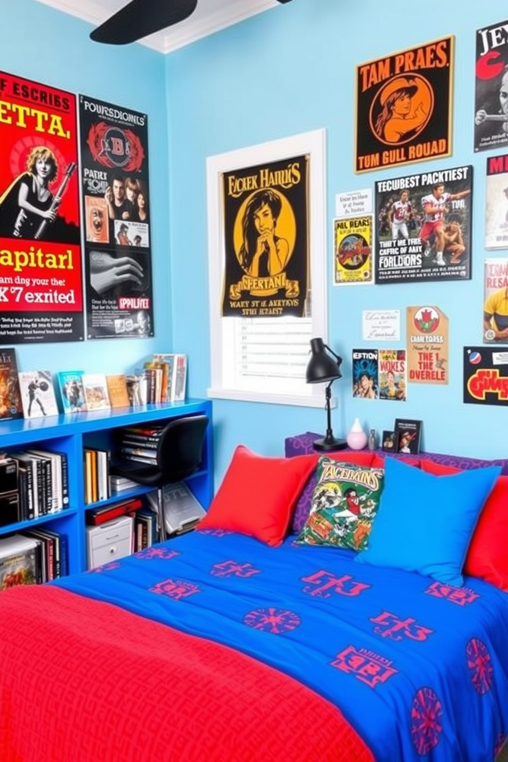 A vibrant teen bedroom inspired by favorite hobbies. The walls are adorned with posters of musical bands and sports teams, while a cozy reading nook features a bookshelf filled with novels and graphic novels. A multifunctional workspace is set up with a desk for studying and a creative corner for art projects. Brightly colored bedding and throw pillows reflect the teen's personality, creating an inviting and personalized atmosphere.