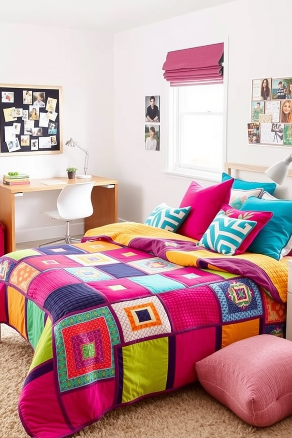 A cozy teen bedroom features layered bedding with a mix of soft textures and vibrant colors. The bed is adorned with fluffy pillows and a chunky knit throw, creating an inviting atmosphere. The walls are painted in a calming pastel hue, complemented by playful wall art and string lights. A stylish desk area is set up nearby, with a comfortable chair and organized shelves for study materials.