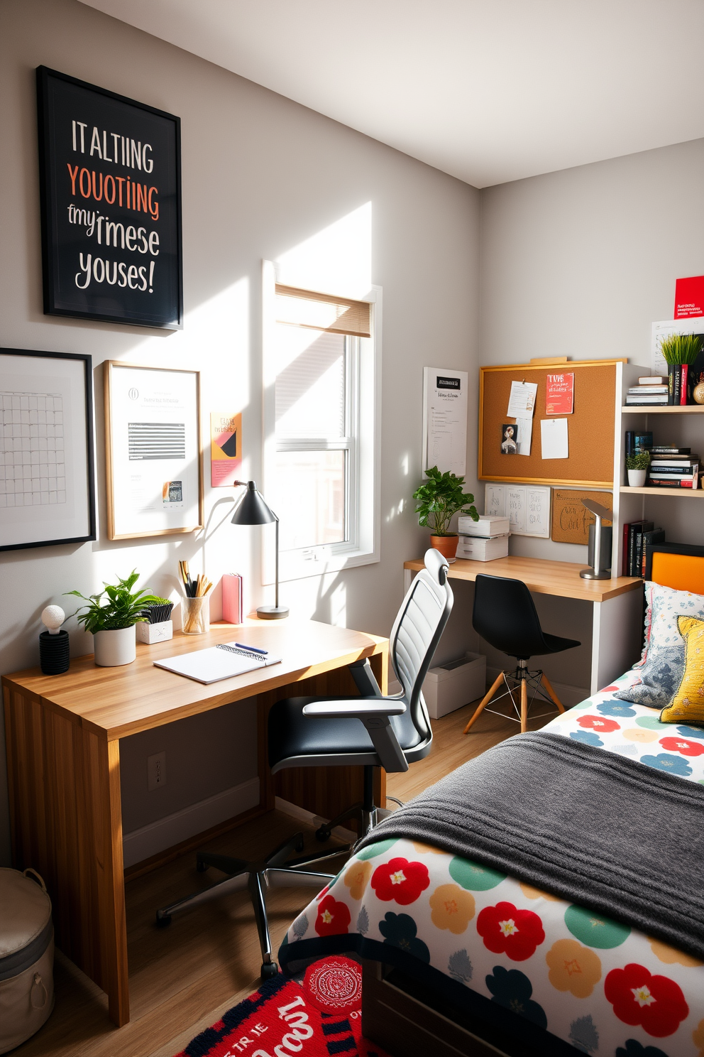 A cozy desk area designed for study and creativity features a sleek wooden desk positioned against a wall adorned with inspirational art. A comfortable ergonomic chair complements the setup, while natural light streams in through a nearby window, illuminating organized stationery and a lush potted plant. The teen bedroom design incorporates a stylish bed with a colorful duvet, accented by plush pillows and a trendy throw blanket. A dedicated study nook includes a desk with a bulletin board above it, surrounded by shelves filled with books and personal mementos, creating a vibrant and personalized space.