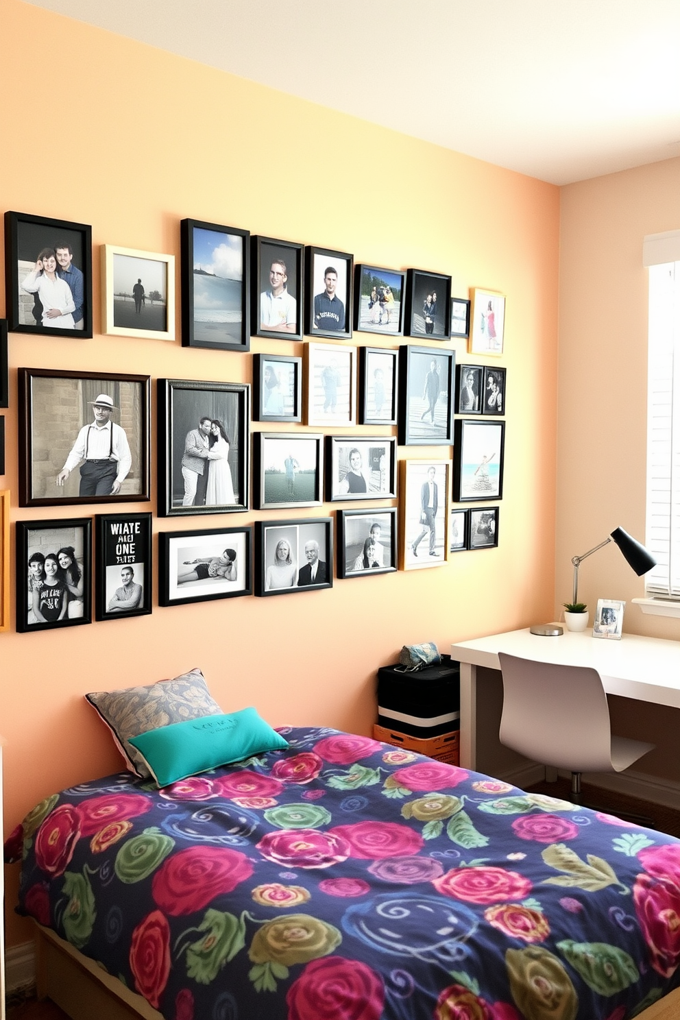 A vibrant gallery wall filled with framed photos showcasing a mix of family memories and artistic prints. The wall is painted in a soft pastel color to complement the overall decor of the room. The teen bedroom features a cozy bed with a colorful duvet and decorative pillows. A stylish desk area with a modern chair is positioned near a window, providing a perfect study nook.