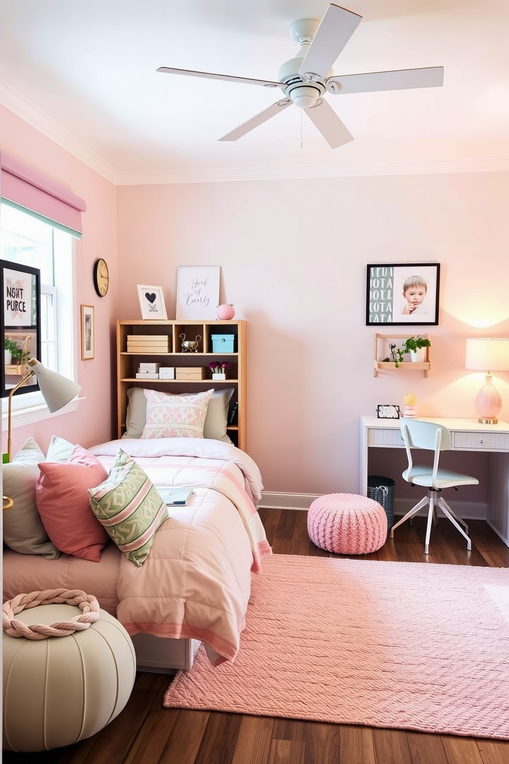 A modern desk area features a sleek wooden desk paired with a stylish ergonomic office chair in a vibrant color. The wall behind the desk is adorned with motivational art prints, and a small potted plant adds a touch of greenery. The teen bedroom is designed with a cozy bed dressed in colorful bedding and decorative pillows. A study nook is integrated into the space, complete with a bookshelf and a bulletin board for personal touches.