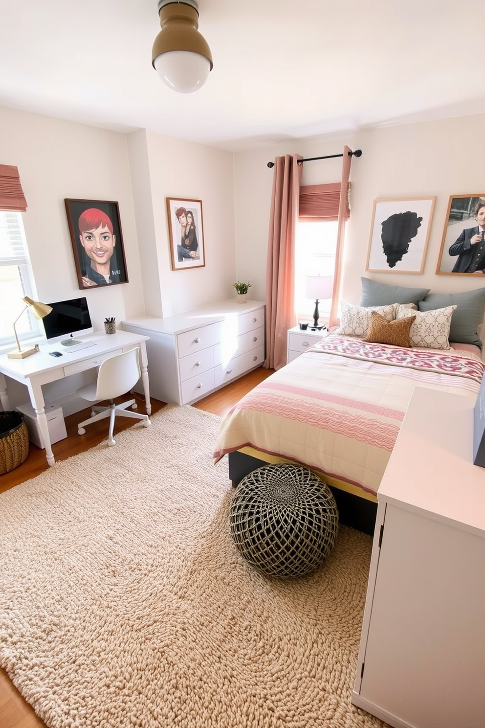 A cozy teen bedroom featuring a large textured rug in a soft neutral tone that adds warmth to the space. The room includes a stylish bed with colorful bedding, a study desk with modern accessories, and wall art that reflects the teen's personality.