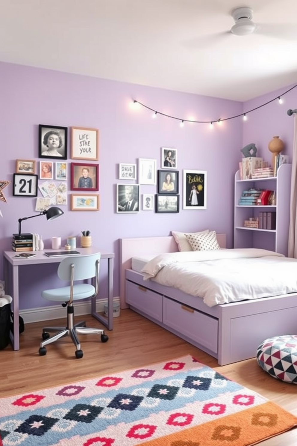 A cozy teen bedroom featuring a custom-built bed frame with storage drawers underneath. The walls are painted in a soft lavender hue, and a gallery wall displays framed artwork and photos. A multifunctional desk area equipped with a stylish chair and organized shelves for school supplies. A colorful area rug adds warmth, while string lights create a whimsical atmosphere above the bed.