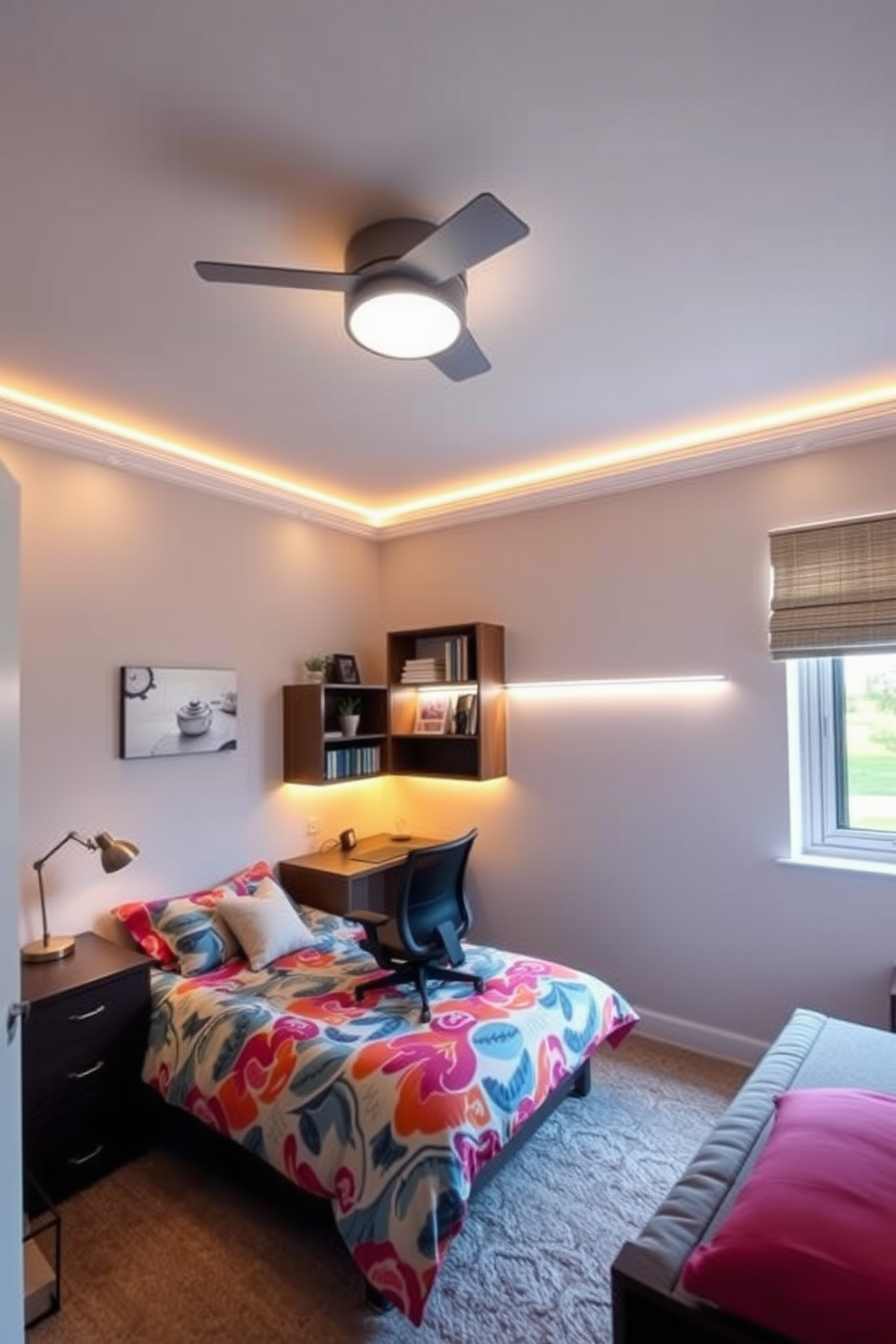 A cozy teen bedroom with layered lighting that can be adjusted for different moods. The room features a combination of ambient, task, and accent lighting, including a stylish ceiling fixture, bedside lamps, and LED strip lights along the shelves. The walls are painted in a soft pastel color, while the bedding showcases a vibrant pattern that reflects the personality of the occupant. A comfortable study area with a desk and ergonomic chair is situated near a window, allowing for natural light during the day.