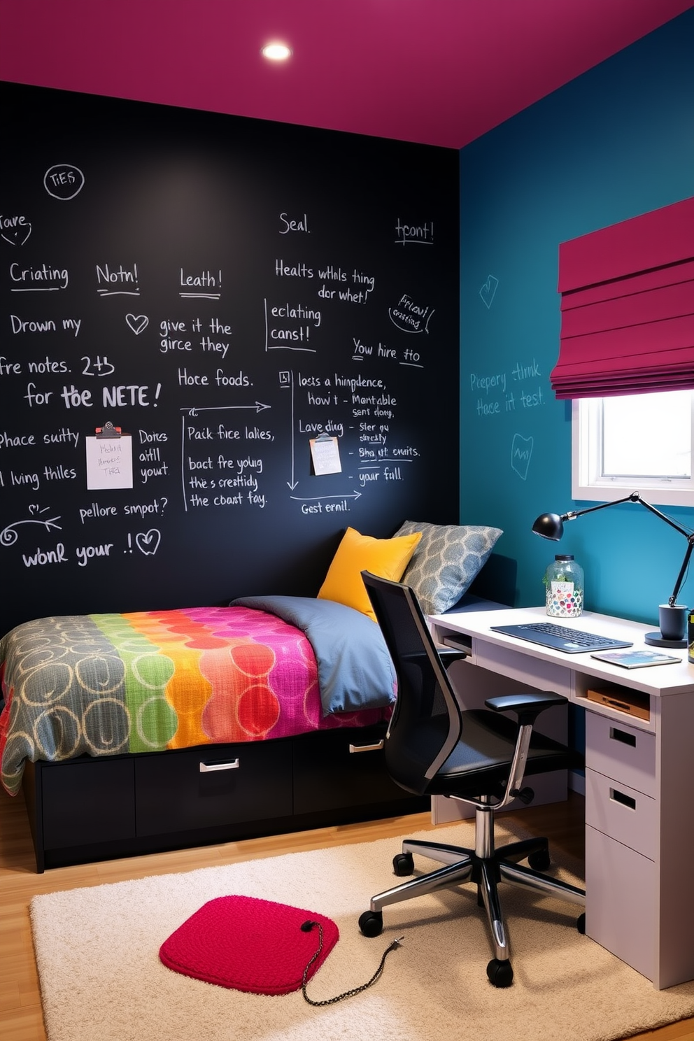 A vibrant teen bedroom featuring a chalkboard wall for creativity and notes. The space includes a cozy bed with colorful bedding and a study area with a sleek desk and ergonomic chair.