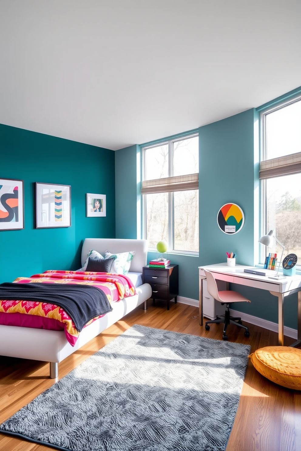 A vibrant teen bedroom featuring a bold color accent wall painted in deep teal. The room includes a sleek bed with colorful bedding and a stylish desk area with modern decor. The floor is adorned with a cozy area rug that complements the accent wall. Large windows allow natural light to flood the space, creating an inviting atmosphere.