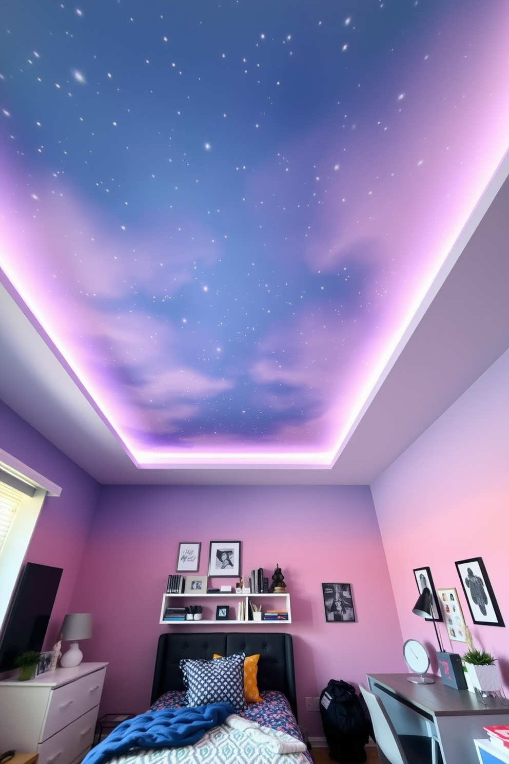 Artistic ceiling designs with paint. The ceiling features a stunning mural of a starry night sky with soft hues of blue and purple blending seamlessly together. Teen bedroom design ideas. The room is styled with a modern aesthetic, incorporating a cozy bed with colorful bedding, a study desk with stylish accessories, and wall art that reflects the teen's personality.