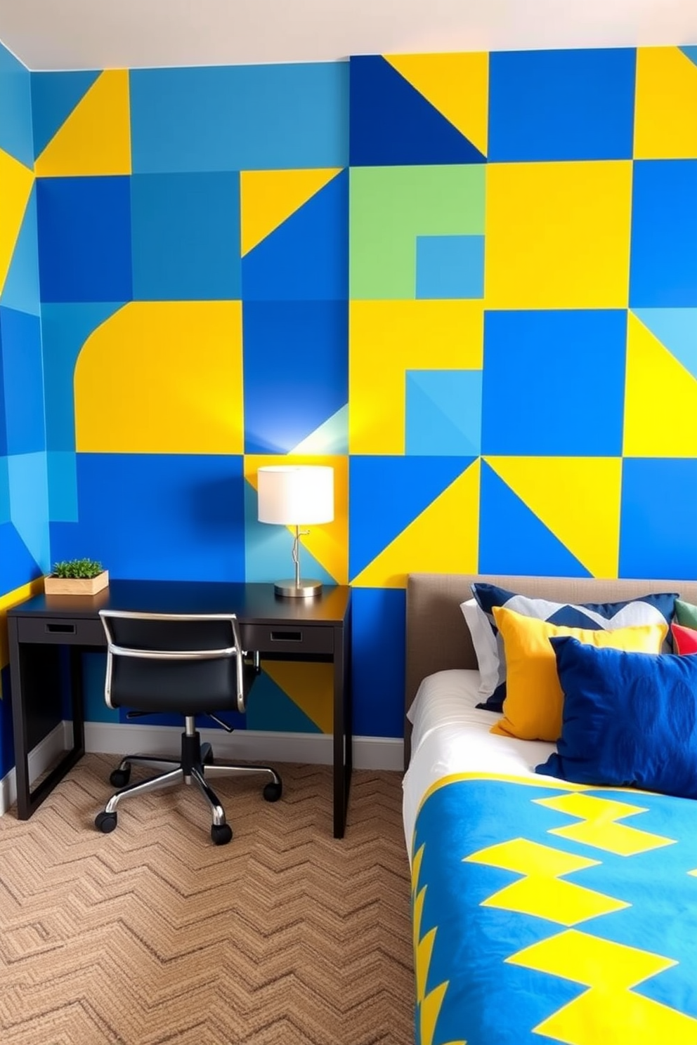 A vibrant teen bedroom featuring bold geometric patterns on the walls in shades of blue and yellow. The room includes a sleek desk with a modern chair and a cozy bed adorned with colorful throw pillows.