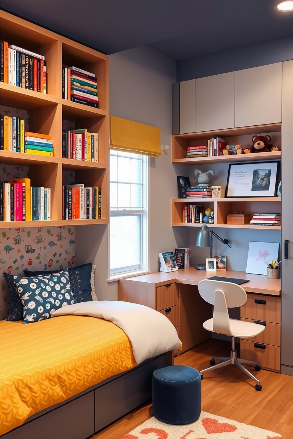 A cozy teen bedroom featuring custom shelving that seamlessly integrates with the wall. The shelves are filled with colorful books and personal decor items, creating a vibrant and inviting atmosphere. The bed is positioned against a feature wall adorned with playful wallpaper. A study area is included, with a desk and chair that complement the overall design, providing a perfect space for homework and creativity.