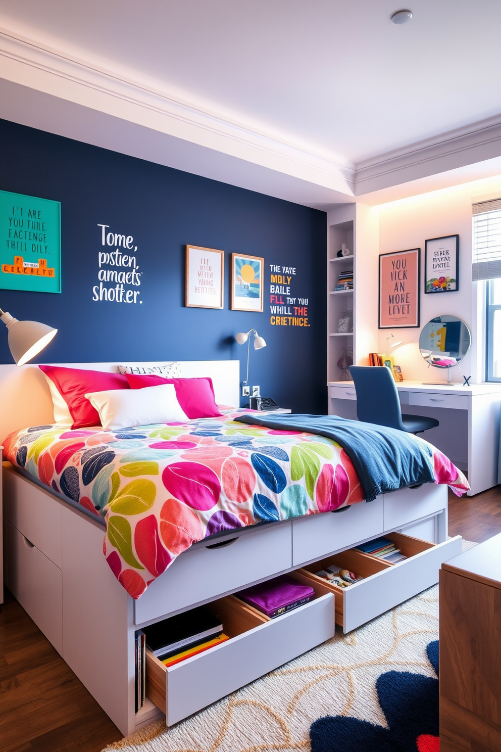 A stylish teen bedroom featuring a cozy bed with a colorful duvet cover and fluffy pillows. Under the bed, there are sleek storage drawers that keep books and clothes neatly organized, maintaining a tidy and functional space. The walls are adorned with bright artwork and motivational quotes that reflect the teen's personality. A study desk with a comfortable chair is positioned near a window, providing a perfect spot for homework and creative activities.