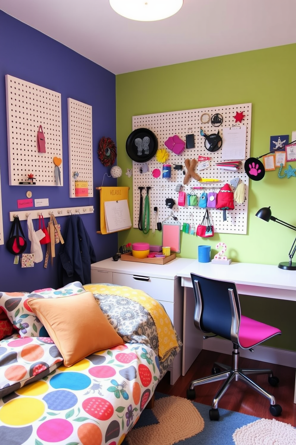 A vibrant teen bedroom featuring an interactive wall with pegboards and hooks for personalization and organization. The room is filled with colorful decor, including a cozy bed with patterned bedding and a study area with a modern desk and chair.