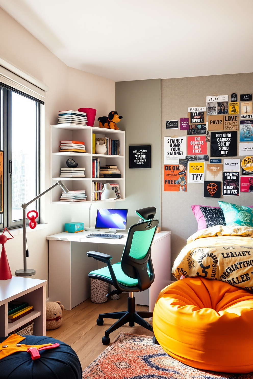 A teen-friendly workspace with good lighting. The desk is positioned near a large window, allowing natural light to flood the area, complemented by a stylish desk lamp. The workspace features a comfortable ergonomic chair and shelves filled with books and personal items. Brightly colored accents and motivational wall art create an inspiring atmosphere. Teen bedroom design ideas that reflect personality and style. The room includes a cozy bed with vibrant bedding and a statement wall adorned with posters or photos. Functional furniture such as a study desk and a bean bag chair are arranged to maximize space. Soft lighting and decorative elements create a warm and inviting environment.