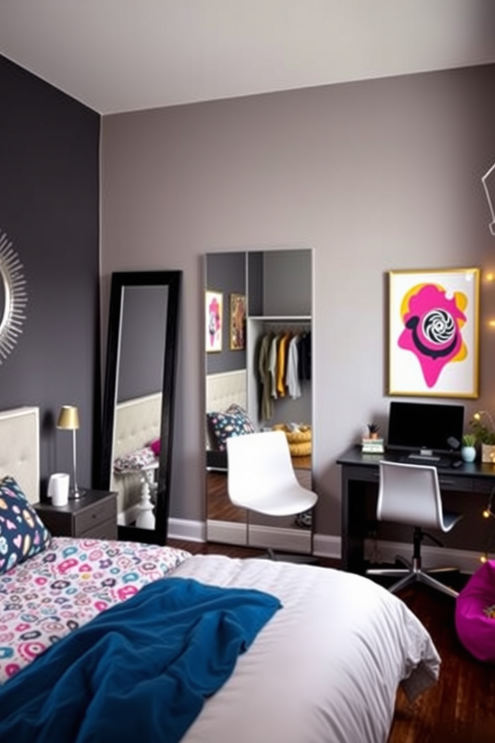 A stylish teen bedroom featuring an accent wall adorned with a large, decorative mirror that reflects natural light. The room includes a cozy bed with colorful bedding, a study desk with a sleek chair, and vibrant artwork that adds personality. Incorporate a full-length mirror positioned near the closet to create an illusion of space and functionality. The design should also include playful elements such as a bean bag chair and fairy lights for a warm and inviting atmosphere.