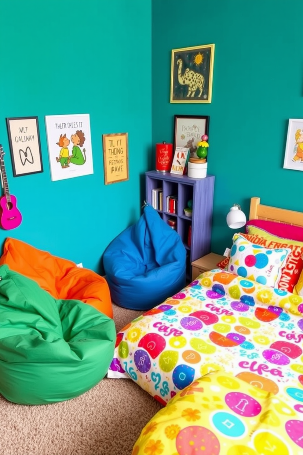 Colorful bean bags are scattered around the room, providing a fun and casual seating option for relaxation and socializing. The walls are painted in a vibrant shade, complemented by playful artwork and accessories that reflect the personality of a teenager. A cozy corner features a small bookshelf filled with favorite novels and decorative items. The bedding on the bed is bright and inviting, with a mix of patterns that create a lively and youthful atmosphere.