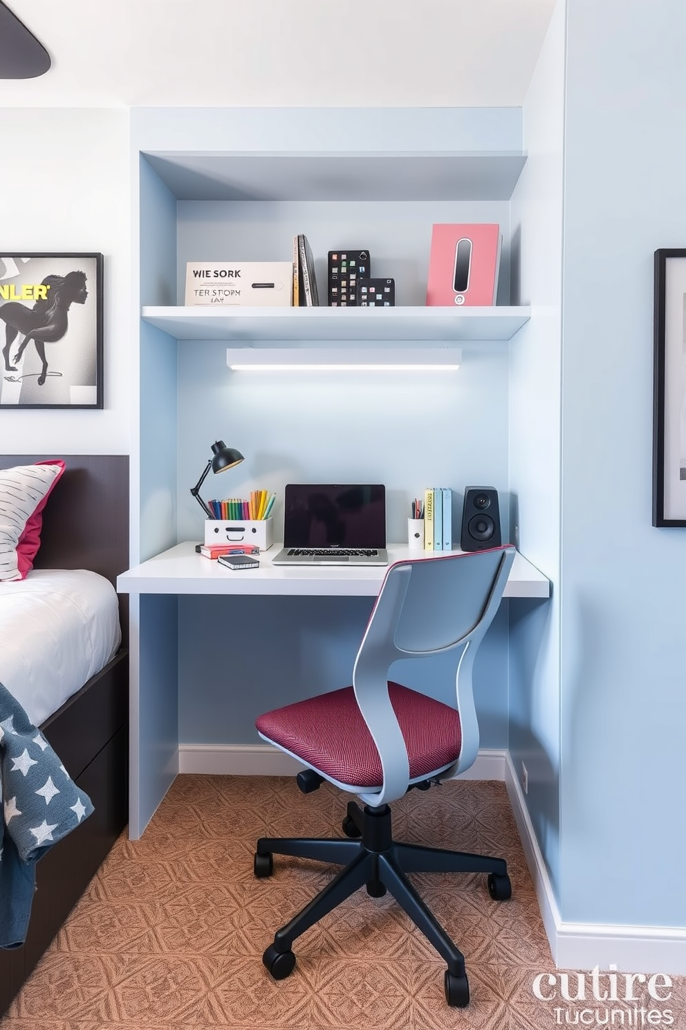 A stylish teen bedroom featuring a wall-mounted desk designed for efficient use of space. The desk is paired with a comfortable ergonomic chair and is adorned with colorful stationery and a laptop, creating an inviting study area.