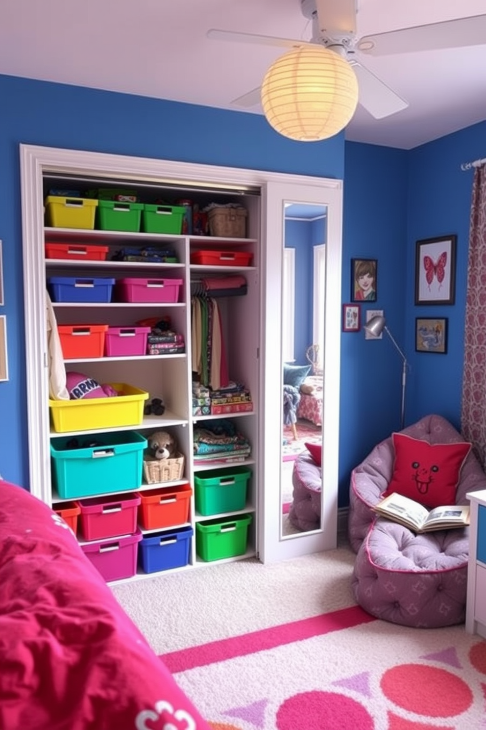 A vibrant teen bedroom filled with personality. The room features a spacious closet with colorful bins and shelves for organized storage, making it easy to keep everything tidy. The walls are painted in a lively shade, complemented by playful bedding and artwork. A cozy reading nook with a bean bag chair sits near the window, inviting relaxation and creativity.