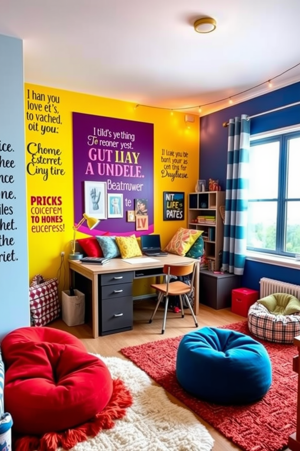 Inspirational quotes adorn the walls of a vibrant teen bedroom, creating an uplifting atmosphere. The decor features a mix of bold colors and playful patterns, with a cozy bed positioned against a feature wall. A stylish desk with ample storage is placed near the window, allowing for natural light to illuminate study sessions. Plush rugs and bean bags add comfort, while string lights create a warm, inviting ambiance.