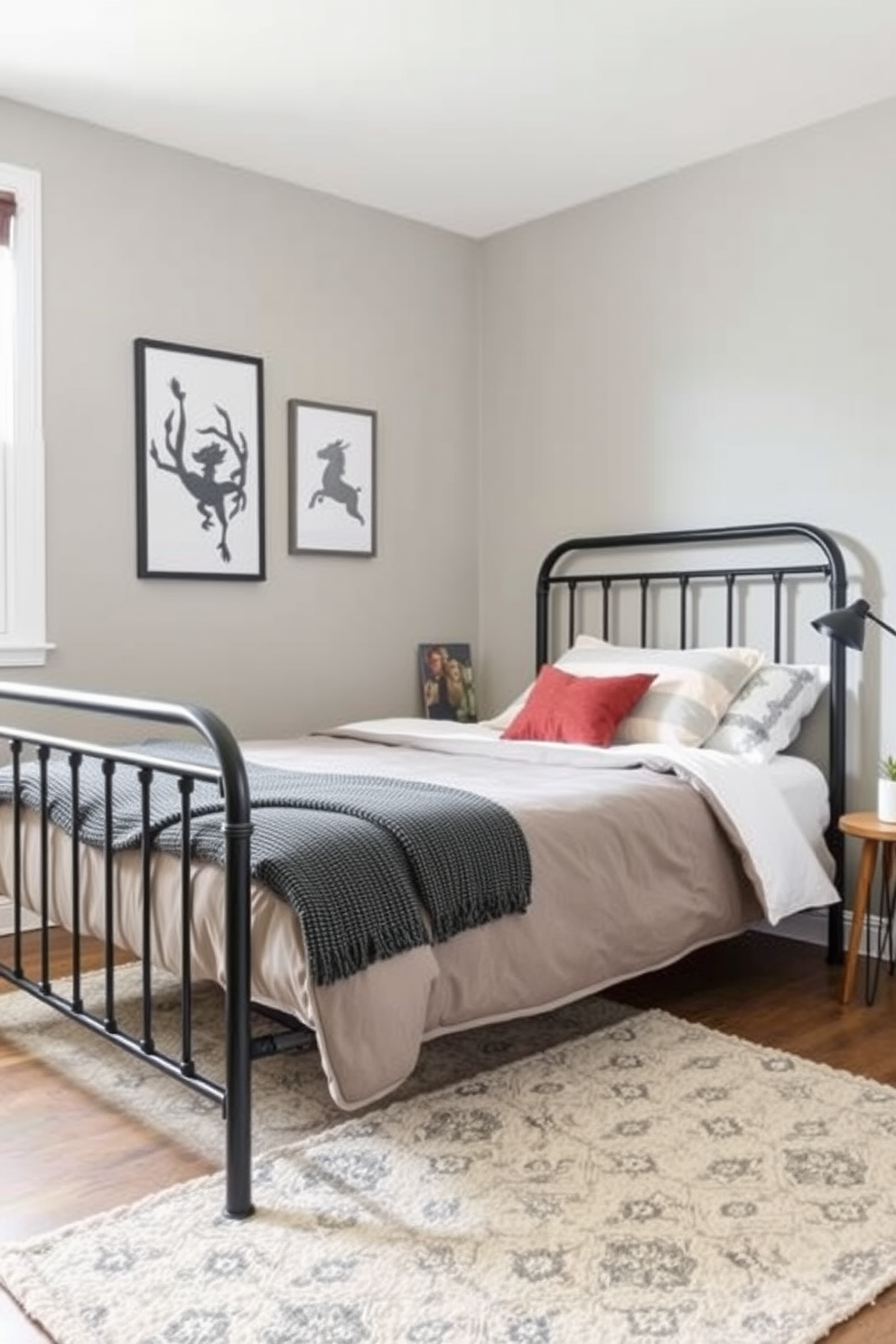 A stylish teen bedroom featuring an industrial style metal bed frame with a sleek design. The walls are painted in a soft gray, and the floor is adorned with a cozy area rug that adds warmth to the space.