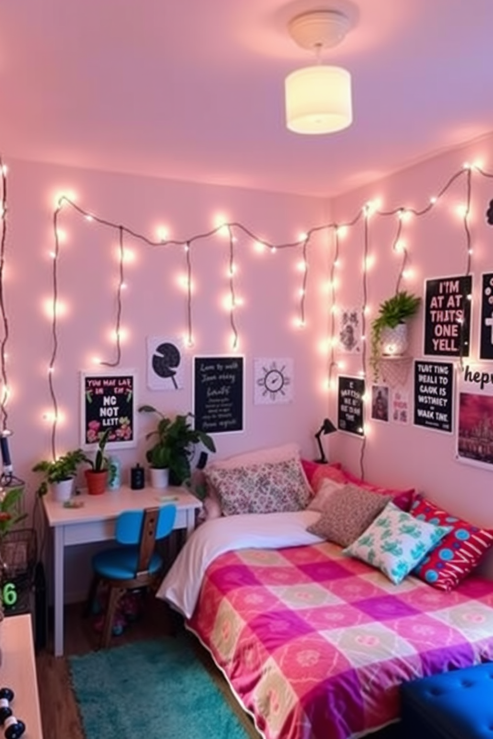 A cozy teen bedroom filled with string lights draped across the walls creating a warm and inviting atmosphere. The room features a comfortable bed with colorful bedding and a study area adorned with inspirational posters and plants.