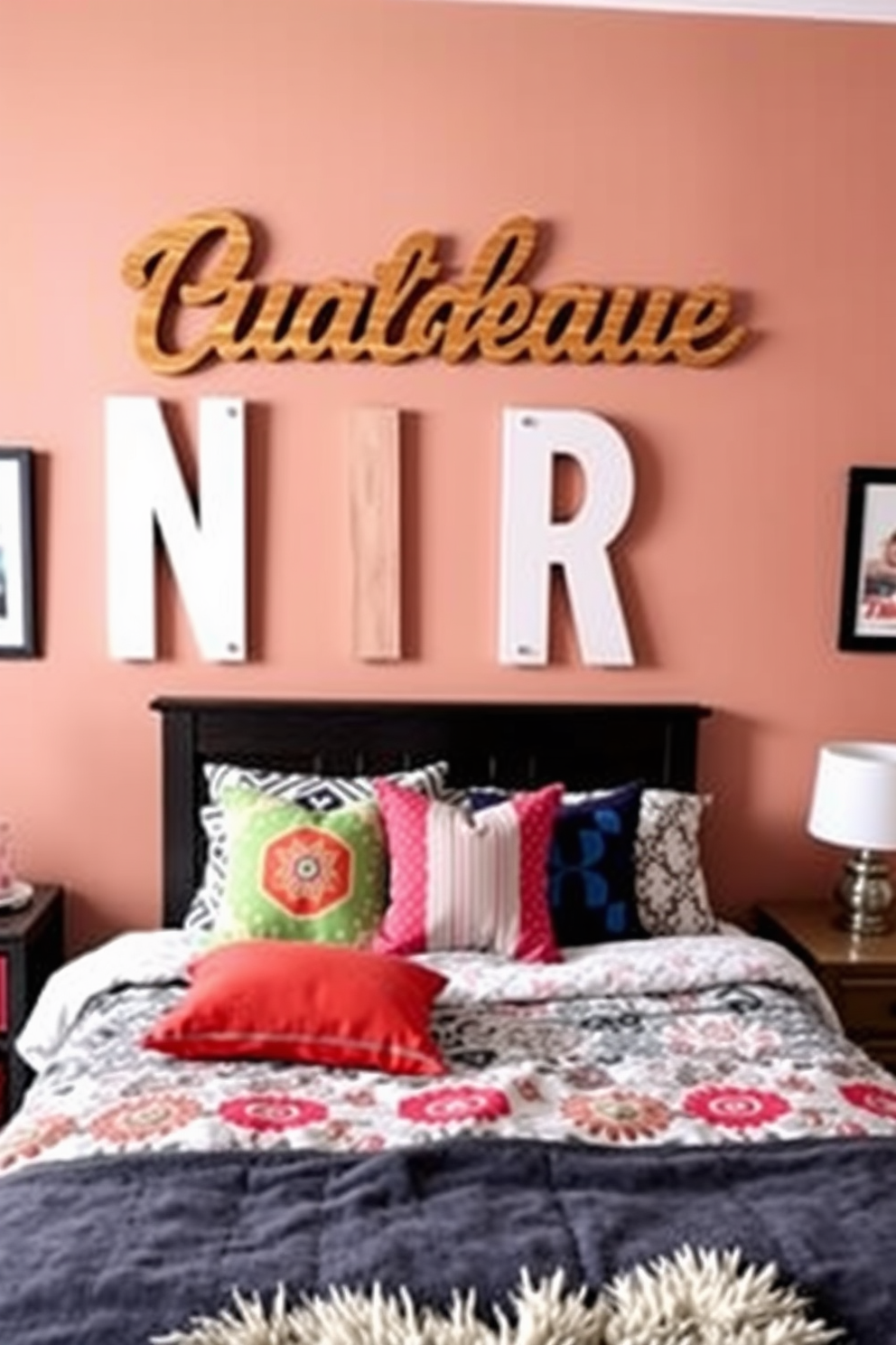 Personalized name wall decor in a vibrant teen bedroom. The walls are painted in a bold color, with a large custom name sign made of wood or acrylic prominently displayed above the bed. The bedding features a mix of patterns and textures, creating a cozy yet stylish atmosphere. Colorful throw pillows and a plush rug add warmth and comfort to the space.