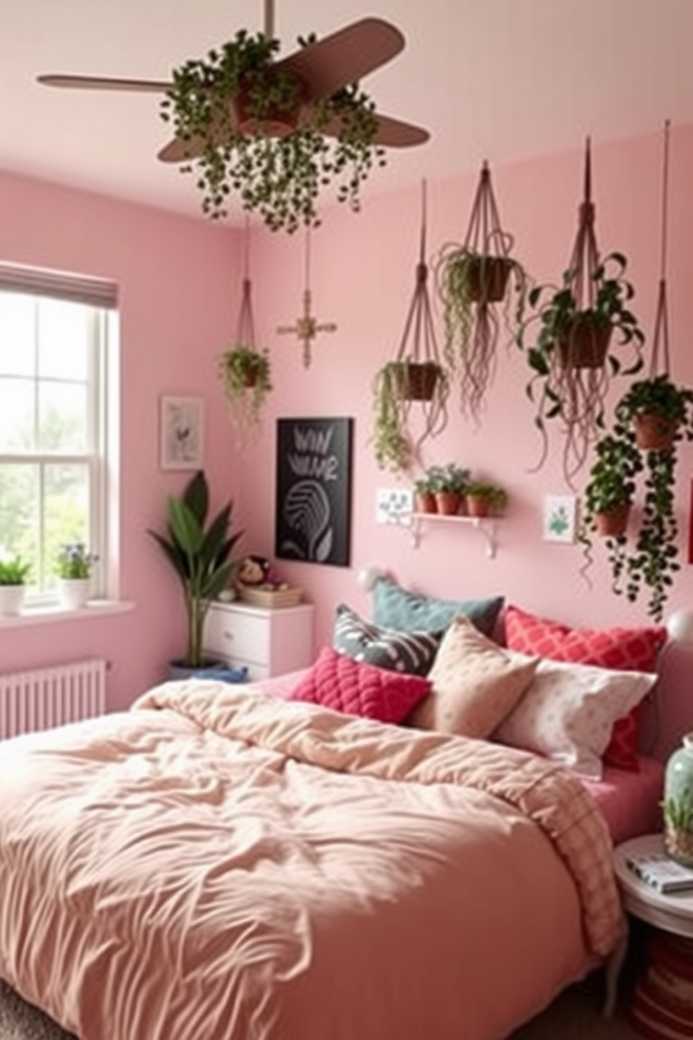 A cozy teen bedroom filled with personality. The walls are painted in a soft pastel color, and a large window allows natural light to flood the space. A stylish bed with a colorful duvet sits against one wall, adorned with an array of plush pillows. Hanging plants are suspended from the ceiling, adding a fresh vibe and a touch of nature to the room.