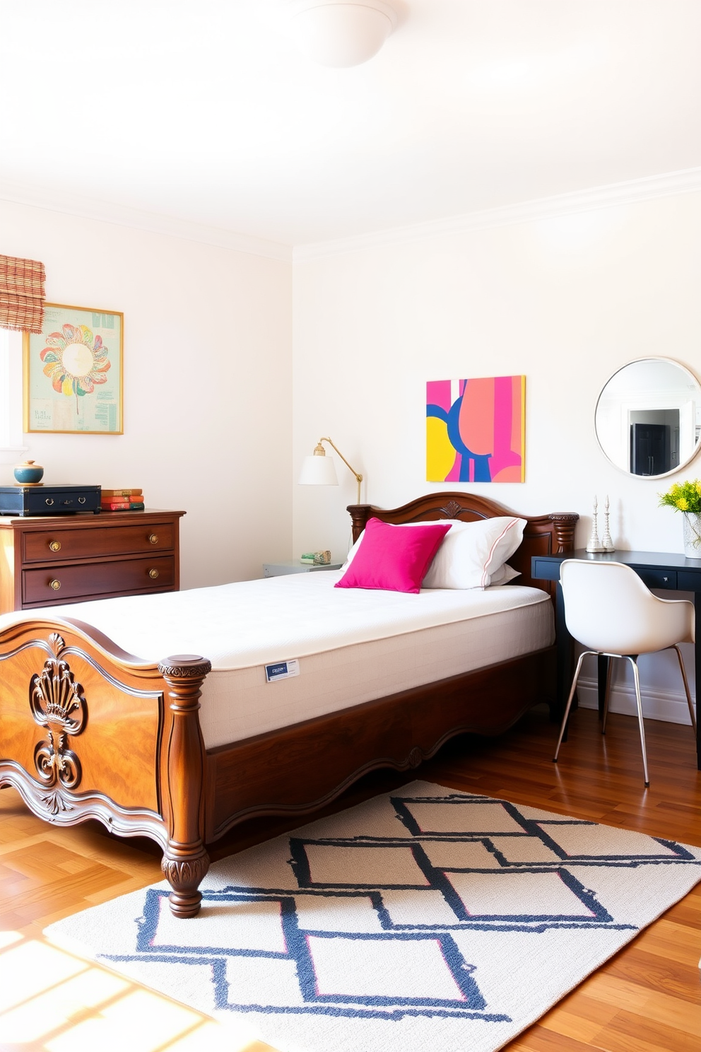 A cozy teen bedroom featuring a vintage wooden bed frame with intricate carvings and a plush modern mattress. The walls are painted in a soft pastel color, and a stylish geometric rug lies on the hardwood floor. A vintage dresser with brass knobs complements a sleek modern desk with a minimalist design. Bright throw pillows and a colorful wall art piece add a playful touch to the overall aesthetic.