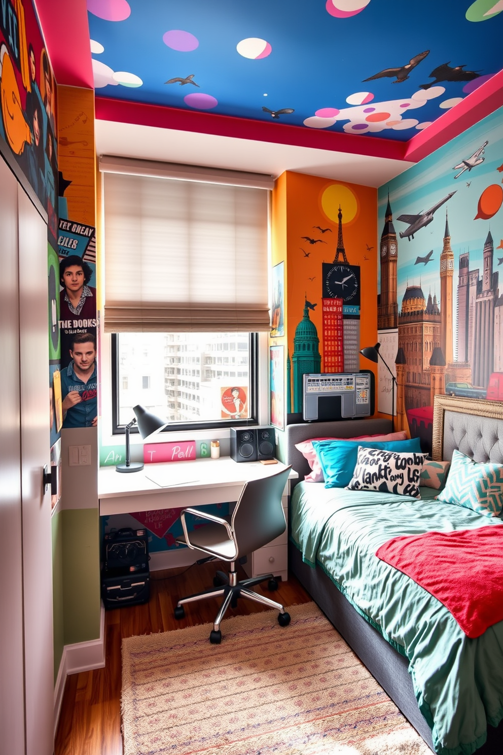 A vibrant teen bedroom featuring murals that reflect personal interests such as music and travel. The walls are adorned with colorful artwork that showcases favorite bands and iconic landmarks, creating a lively and inspiring atmosphere. The room includes a cozy bed with a stylish headboard and plush bedding in trendy colors. A study area with a modern desk and comfortable chair is positioned near a window, providing ample natural light for homework and creative projects.