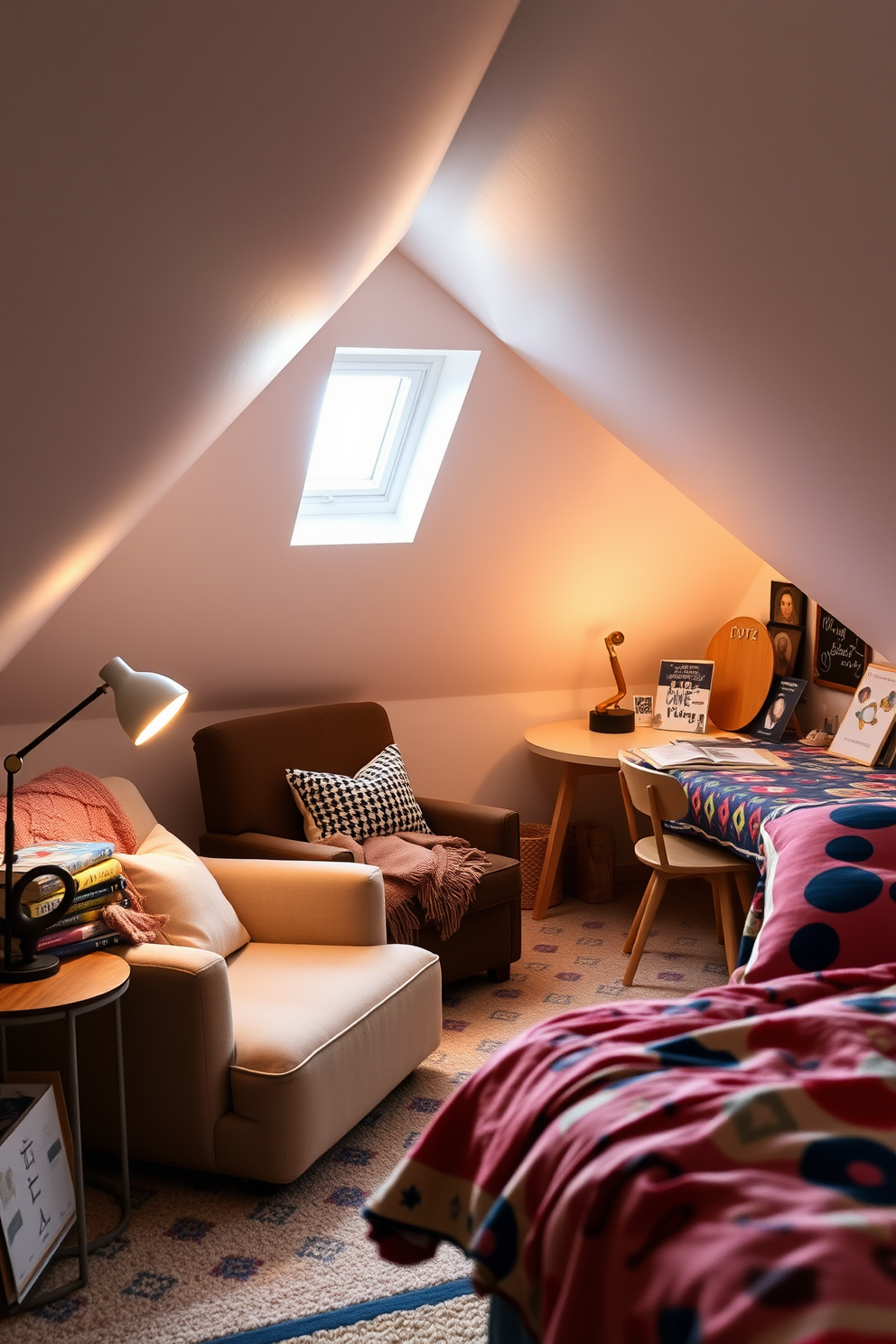 A cozy reading nook under the eaves features a plush armchair with soft cushions and a warm throw blanket draped over it. Natural light filters through a small window, illuminating a stack of books on a wooden side table and a floor lamp with a gentle glow. The teenager attic room design includes a stylish bed with colorful bedding against a sloped ceiling. A desk with creative decor and a pinboard for inspiration sits adjacent to the bed, while vibrant wall art adds personality to the space.