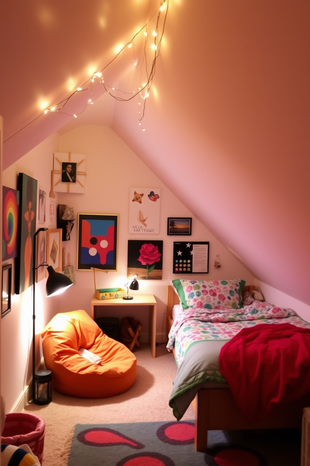 A cozy teenager attic room featuring a comfortable bed with colorful bedding in one corner. An area rug in a vibrant pattern defines the lounging space, complemented by bean bags and a small coffee table. The walls are adorned with posters and personal artwork, creating a personalized atmosphere. A study nook is set up with a desk and chair, illuminated by a stylish desk lamp, while a soft rug adds warmth underfoot.