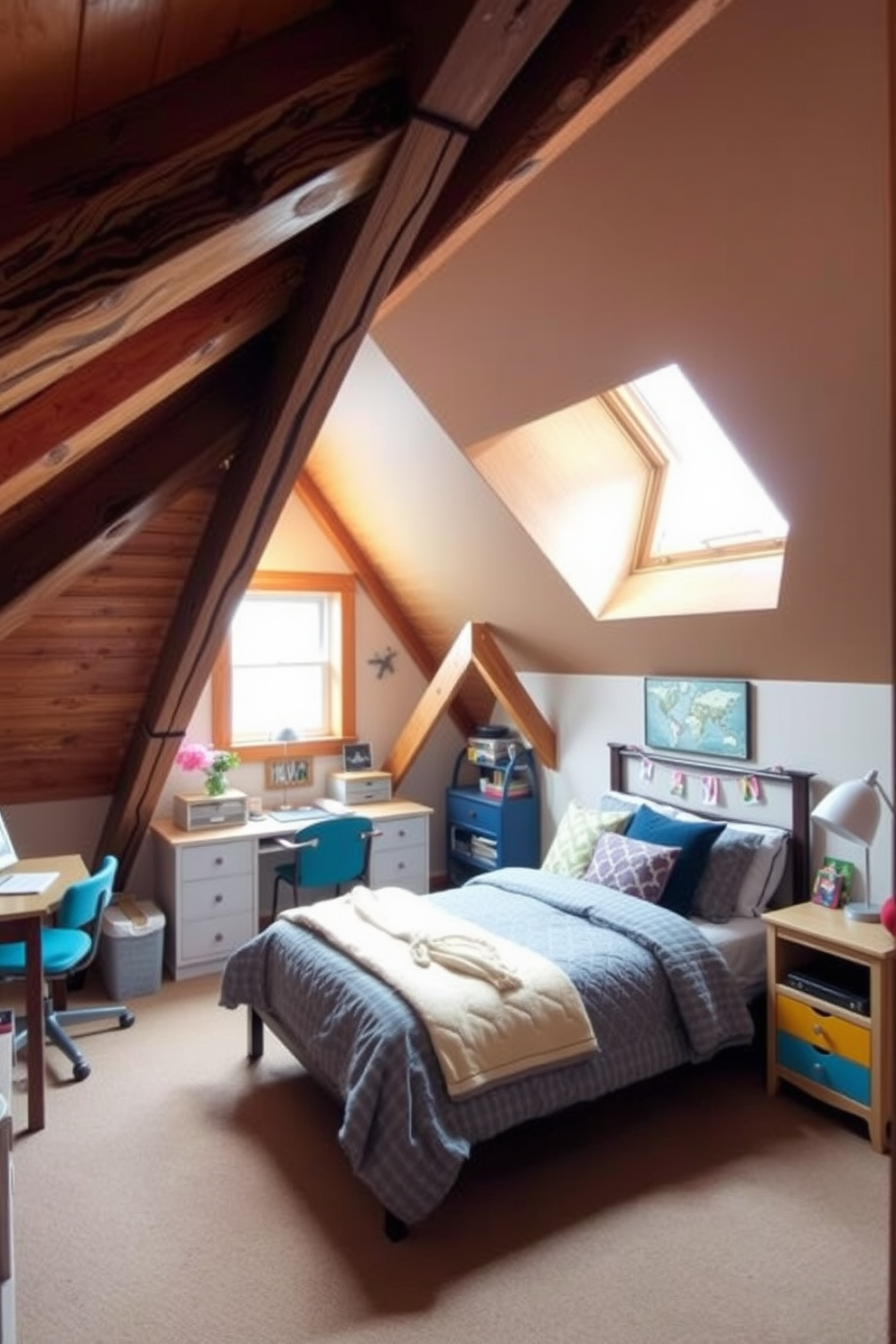 A cozy teenager's attic room features a loft bed that maximizes floor space, allowing for a comfortable seating area underneath. The walls are painted in a soft blue, complemented by colorful bedding and decorative pillows on the loft bed, creating a playful yet stylish atmosphere. A small desk is positioned beside a window, providing a bright study nook with plenty of natural light. The floor is adorned with a plush rug, and string lights are draped across the ceiling to add a warm, inviting glow to the space.