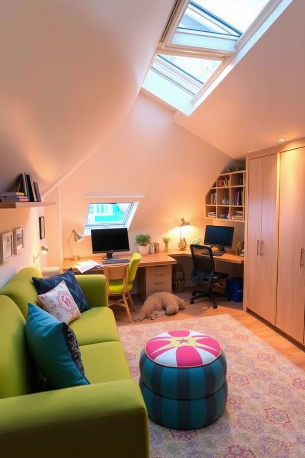 A creative teenager's attic room features a chalkboard wall that invites artistic expression and brainstorming. The space is filled with cozy seating, colorful rugs, and vibrant decor that reflects the personality of its young occupant.