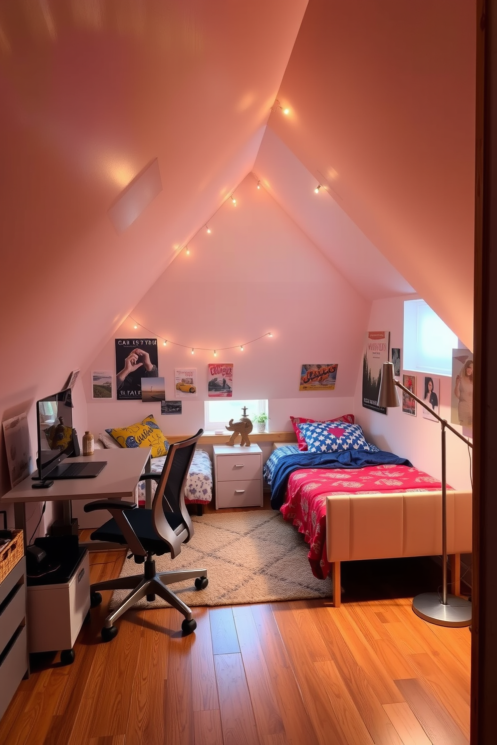 A cozy teenager's attic room filled with natural light. The space features a comfortable bed with colorful bedding and a study area with a sleek desk and ergonomic chair. A large window offers views of the outdoors, while potted plants are placed on the windowsill and around the room for a touch of nature. The walls are painted in a soft pastel color, and a stylish rug adds warmth to the wooden floor.