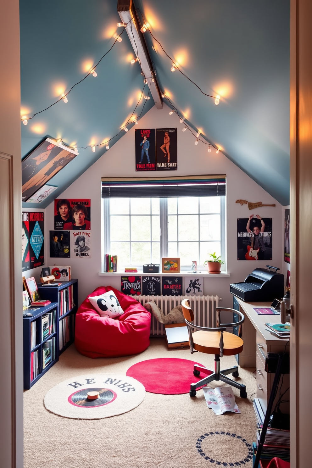 A vibrant attic room designed for a teenager with a music theme. The walls are adorned with posters of iconic bands and a cozy reading nook features a bean bag chair and a small bookshelf filled with music-related literature. The room includes a stylish desk for homework, decorated with a vintage record player and colorful vinyl records. A large window lets in natural light, and fairy lights are strung across the ceiling to create a warm and inviting atmosphere.