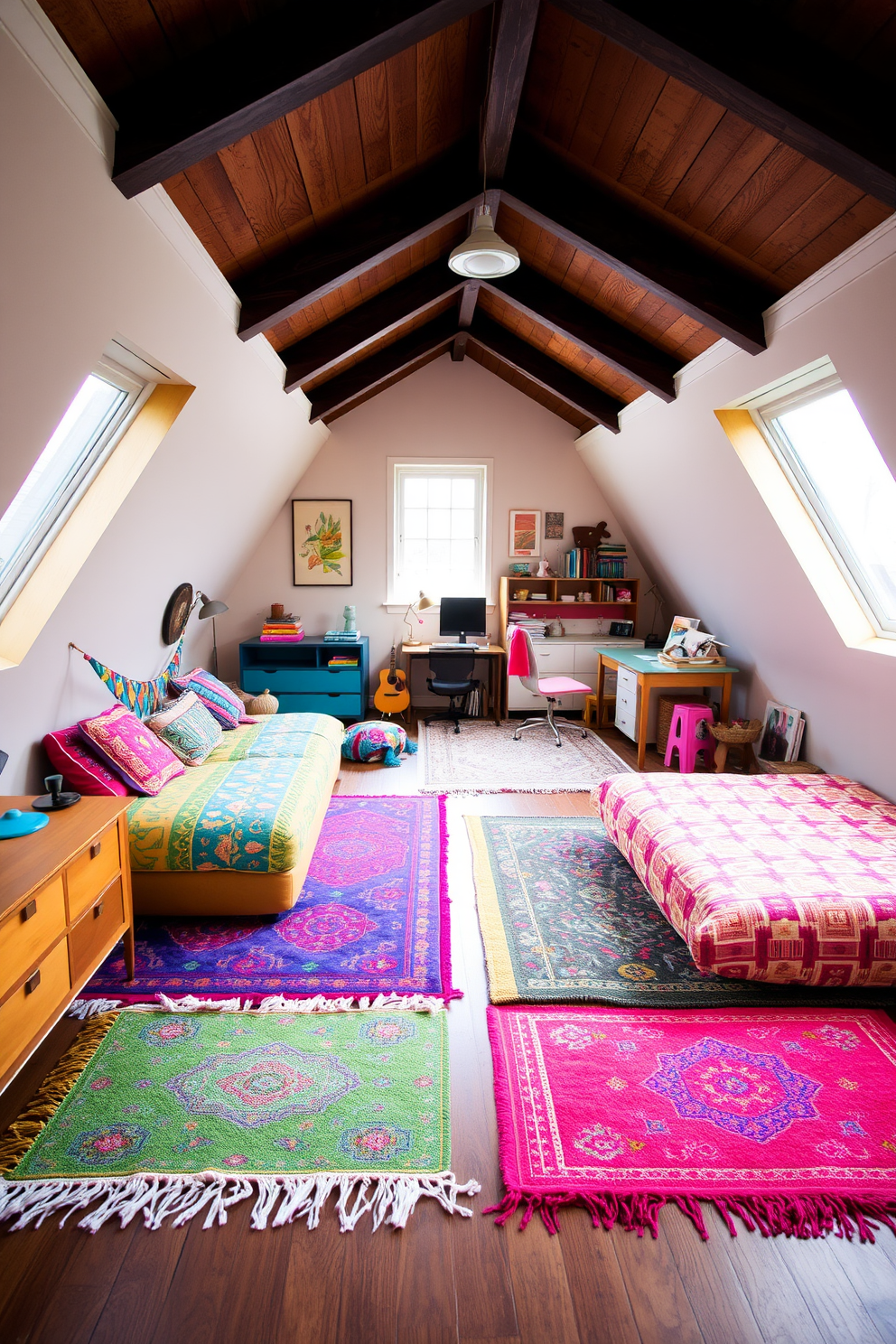 A cozy teenager attic room designed for relaxation and creativity. The space features a comfortable bed with colorful bedding, a mini fridge stocked with snacks, and a study area with a desk and ergonomic chair. Large windows allow natural light to flood the room, creating an inviting atmosphere. The walls are adorned with posters and personal artwork, while a soft area rug adds warmth to the wooden floor.