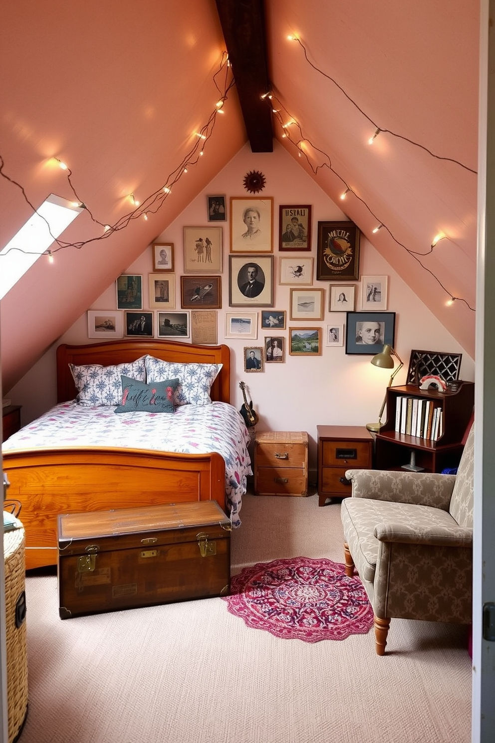 A cozy attic room designed for a teenager featuring vintage decor elements. The space includes a retro wooden bed with patterned bedding and a collection of eclectic wall art that reflects personal interests. A vintage trunk serves as a bedside table, while fairy lights are strung across the slanted ceiling to create a warm ambiance. A comfortable reading nook with a vintage armchair and a small bookshelf is tucked into one corner, inviting relaxation and creativity.