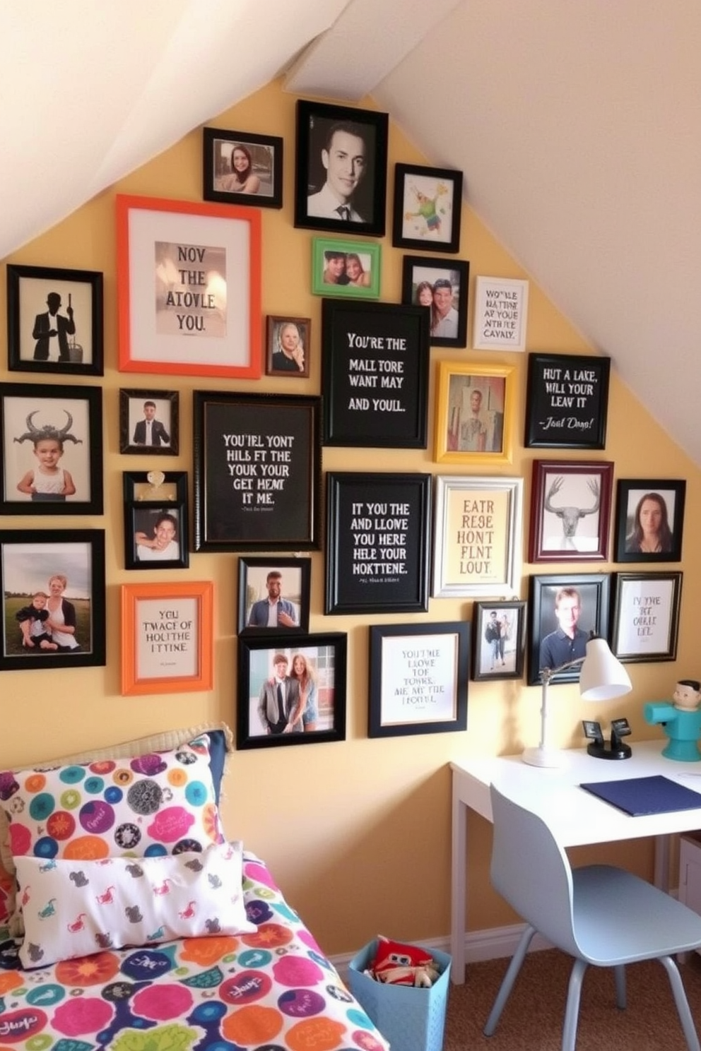 A stylish teenager's attic room featuring a pegboard installed on one wall for hanging accessories. The space is filled with vibrant colors, cozy seating, and creative storage solutions to maximize functionality and style.