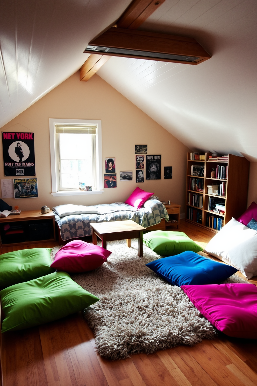 A cozy attic room designed for a teenager features floor cushions in vibrant colors scattered around a low wooden table. The walls are adorned with posters of favorite bands and a comfortable bed is tucked under the sloped ceiling, creating a relaxed and inviting atmosphere. Natural light streams in through a large window, illuminating the space, while a plush rug adds warmth to the wooden floor. Shelves filled with books and personal treasures provide a personalized touch, making it a perfect hangout spot.