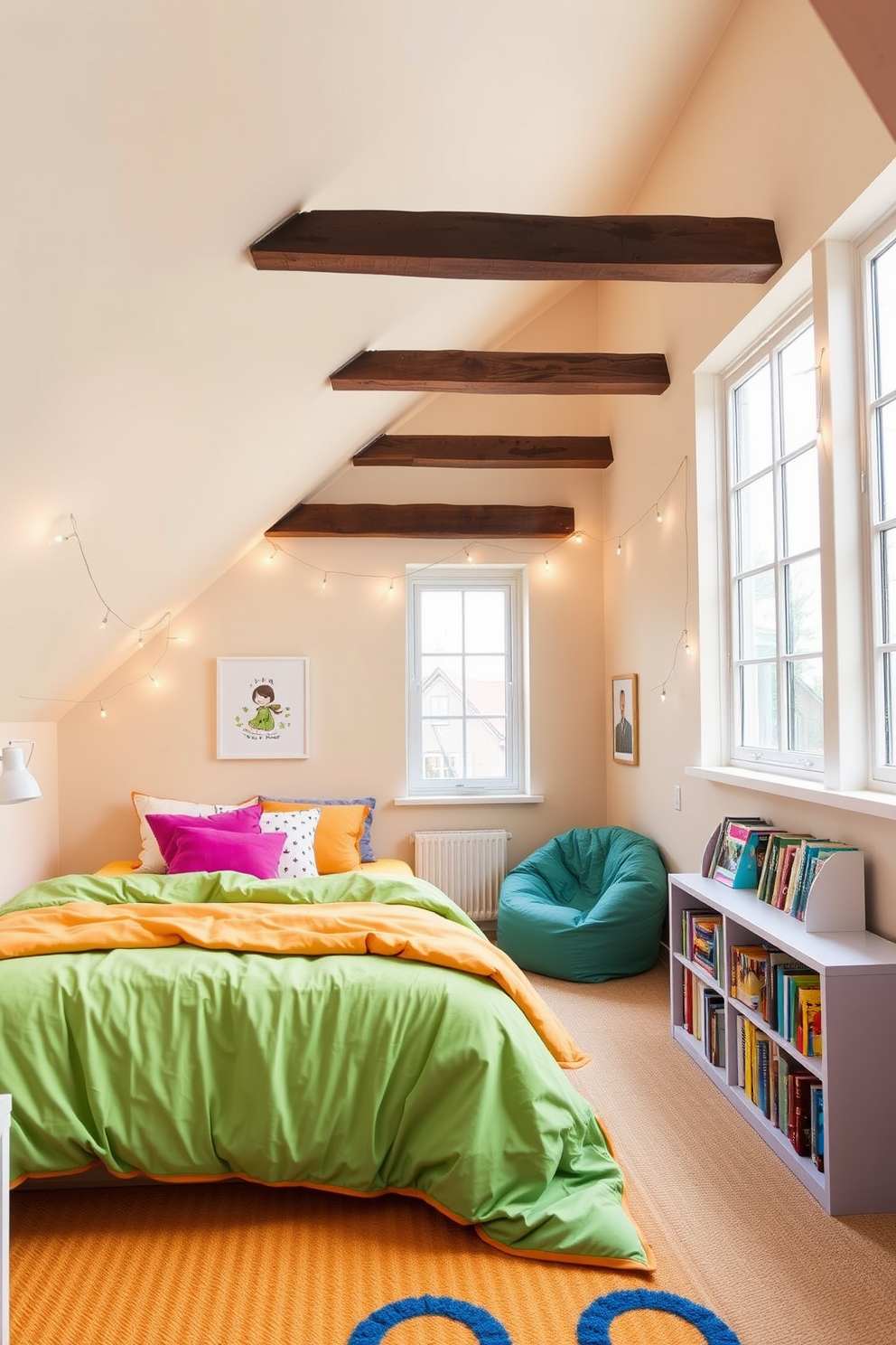 Bright bedding adds a vibrant splash of color to the teenager's attic room. The room features sloped ceilings with exposed beams, and large windows that let in plenty of natural light. A cozy reading nook is created with a bean bag chair and a small bookshelf filled with colorful books. The walls are painted in a soft pastel shade, complemented by playful wall art and string lights for a whimsical touch.