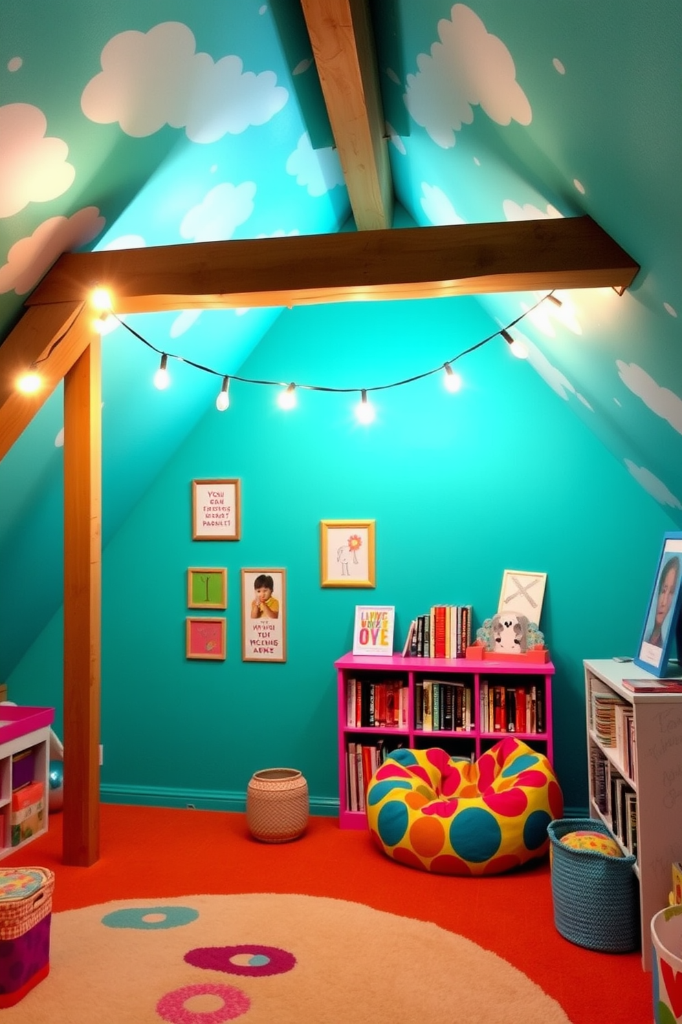 A vibrant attic room filled with bright colors and playful decor. The walls are painted in a lively turquoise, and the ceiling features whimsical cloud patterns. A cozy reading nook is created with a colorful bean bag chair and a small bookshelf filled with favorite novels. String lights hang from the beams, adding a warm glow to the cheerful space.