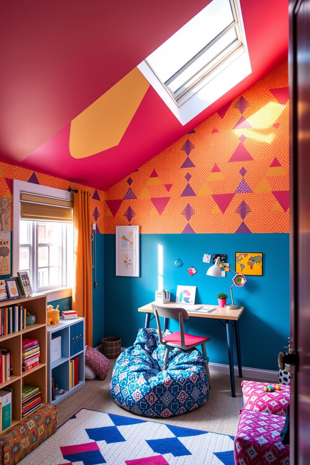 A vibrant accent wall adorned with bold wallpaper featuring geometric patterns. The room is filled with natural light from a skylight, enhancing the playful atmosphere. The design includes a cozy reading nook with a bean bag chair and a small bookshelf. A desk for studying is positioned near the window, complemented by colorful decor and personal touches.